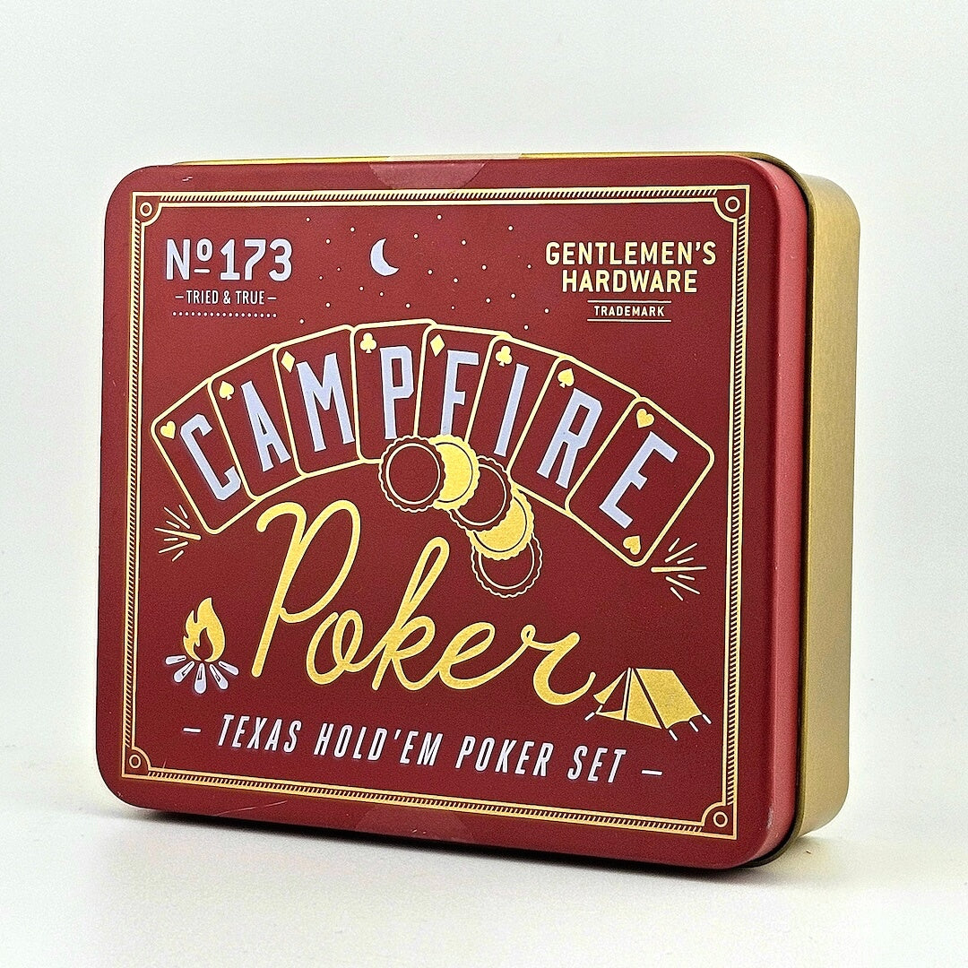Red poker set tin with 'Campfire Poker' branding on a white background
