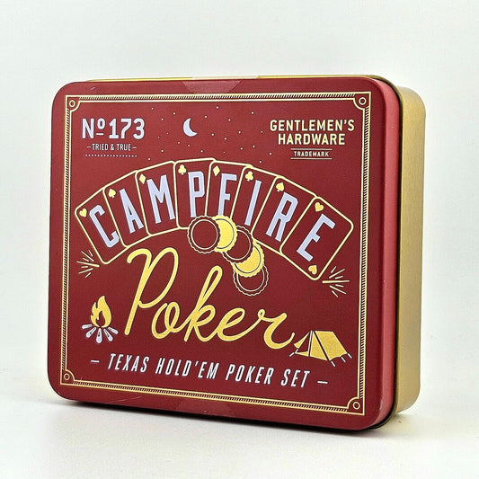 Red poker set tin with 'Campfire Poker' branding on a white background