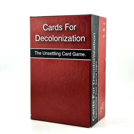 Card game box titled 'Cards For Decolonization' on a white background