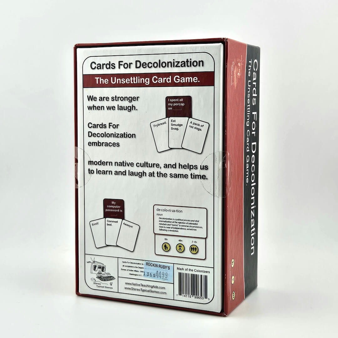 Card game box titled 'Cards For Decolonization' on a white background