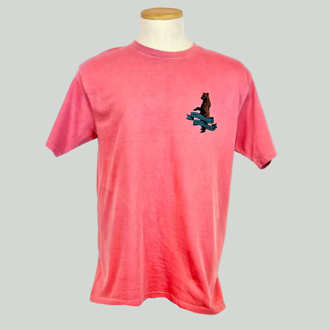 Red t-shirt with a bear graphic on a mannequin against a white background