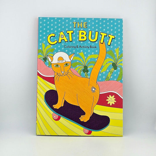 Coloring book titled 'The Cat Butt' with a cat on a skateboard design on a blue background.