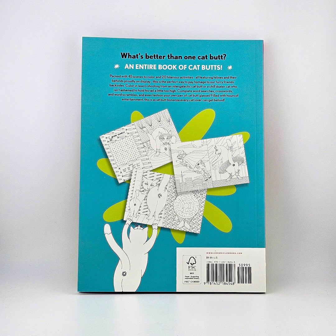 Back cover of a book with illustrations and text on a blue background