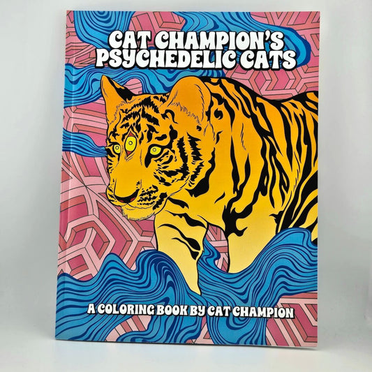 Coloring book cover with a tiger illustration and psychedelic patterns on a white background