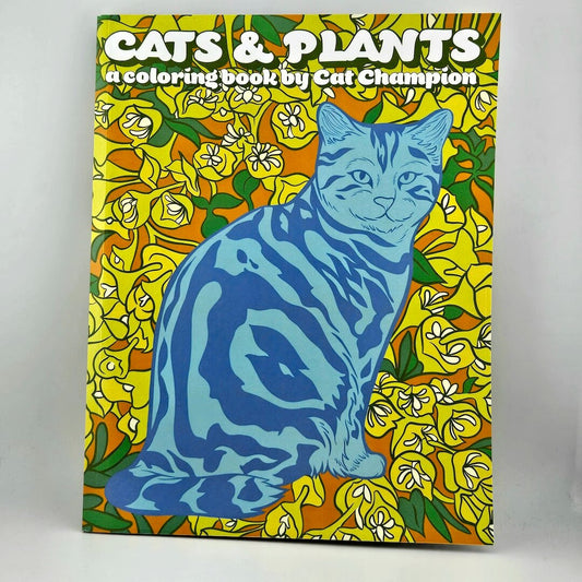 Coloring book cover with a blue cat and floral design, titled 'Cats & Plants'.
