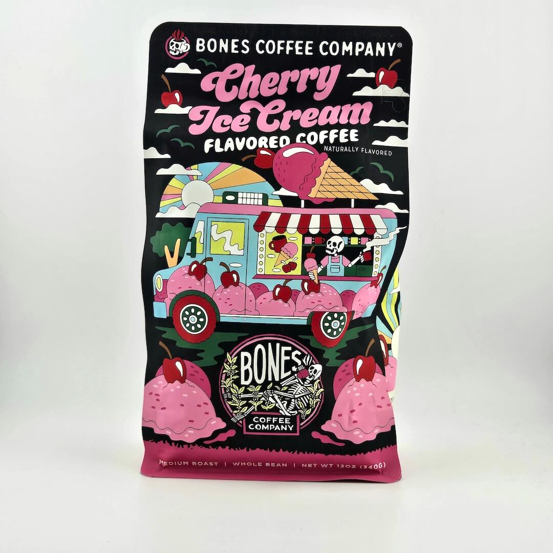 Coffee package from Bones Coffee Company with cherry ice cream flavor on a white background