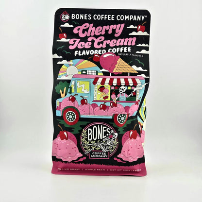 Coffee package from Bones Coffee Company with cherry ice cream flavor on a white background