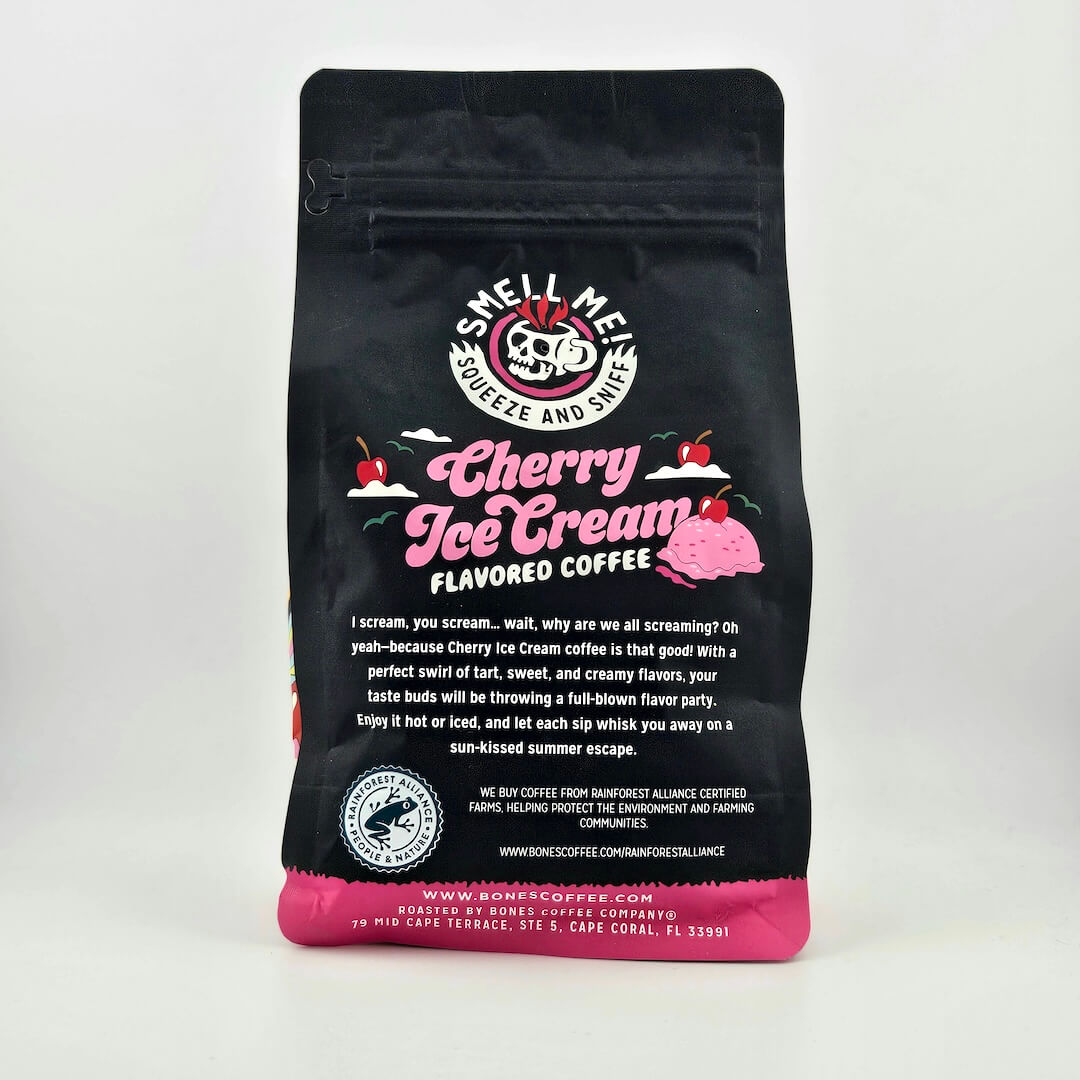 Black coffee bag with cherry ice cream flavor description on a white background