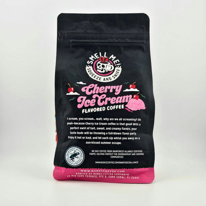 Black coffee bag with cherry ice cream flavor description on a white background