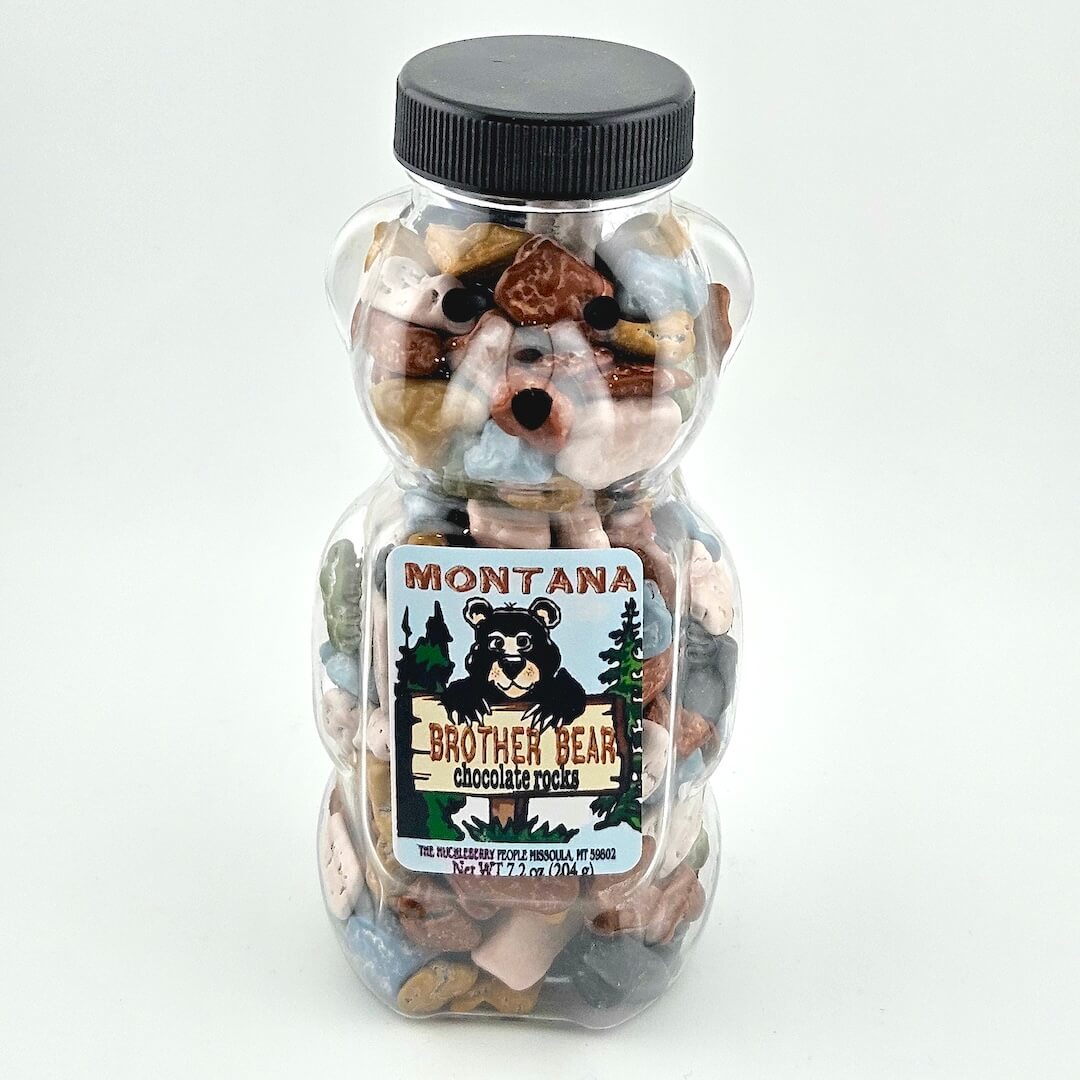 Jar of Montana Brother Bear chocolate rocks with a bear design on the label.