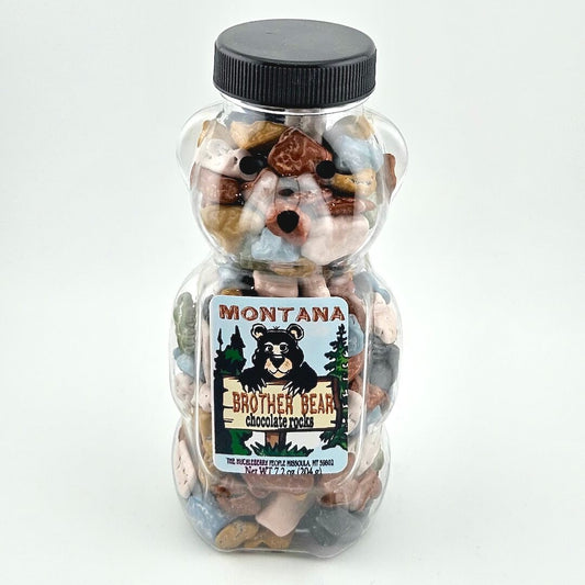Jar of Montana Brother Bear chocolate rocks with a bear design on the label.