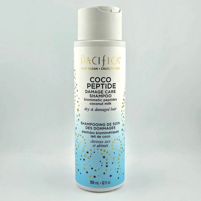 Shampoo bottle labeled 'Coco Peptide Damage Care Shampoo' by Pacifica on a light gray background