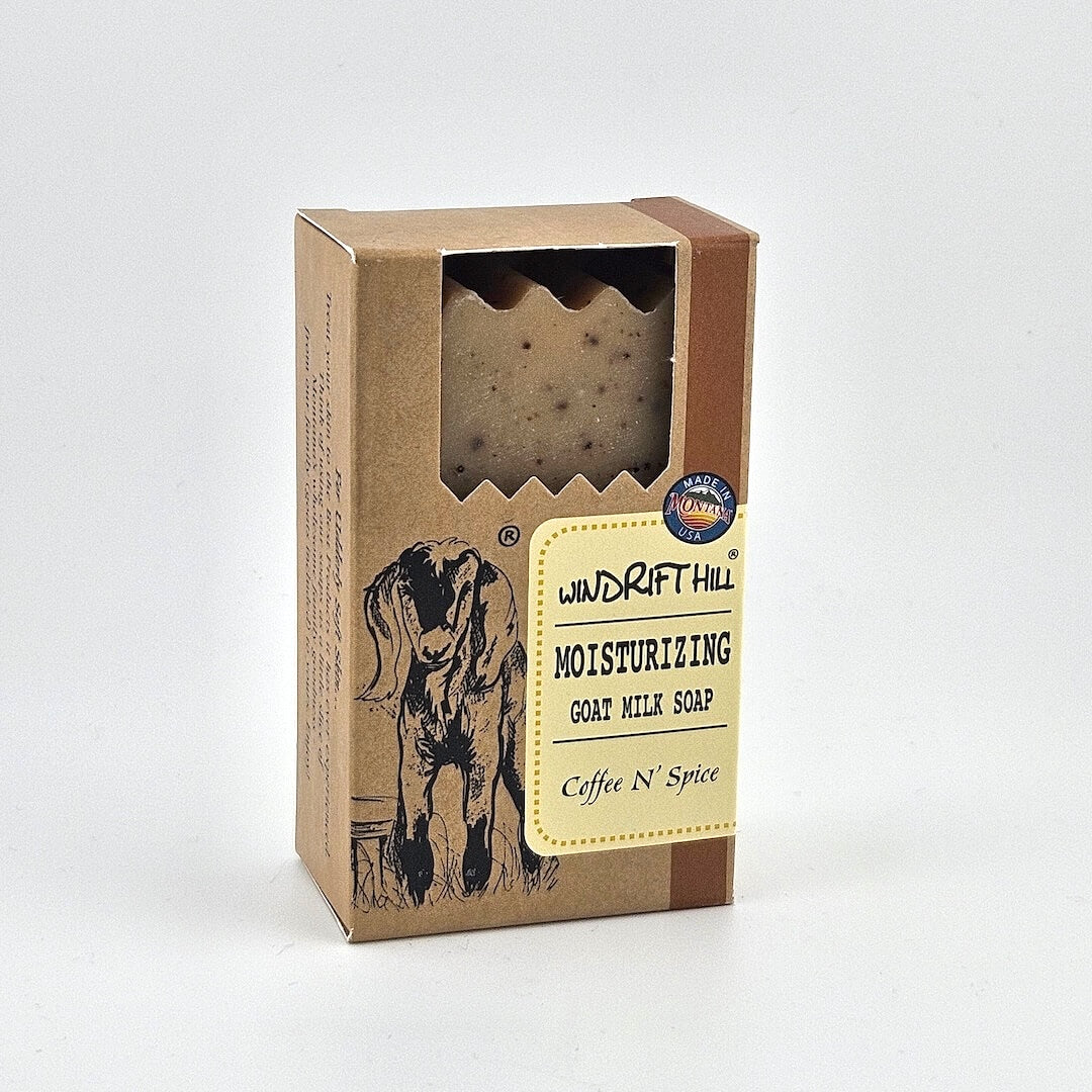 Box of Windrift Hill moisturizing goat milk soap on a gray background