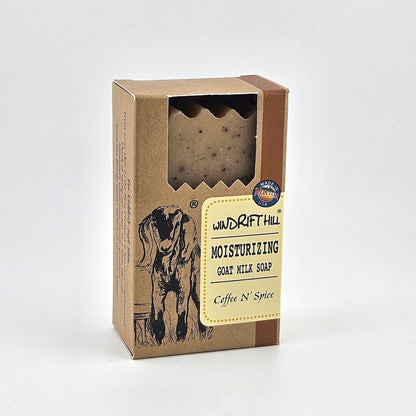 Box of Windrift Hill moisturizing goat milk soap on a gray background