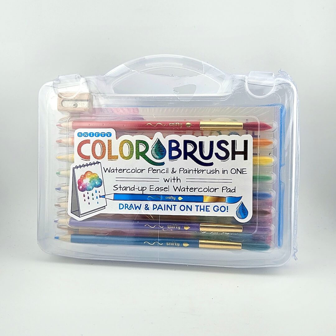 Colorbrush watercolor pencil and paintbrush set in a clear case on a white background