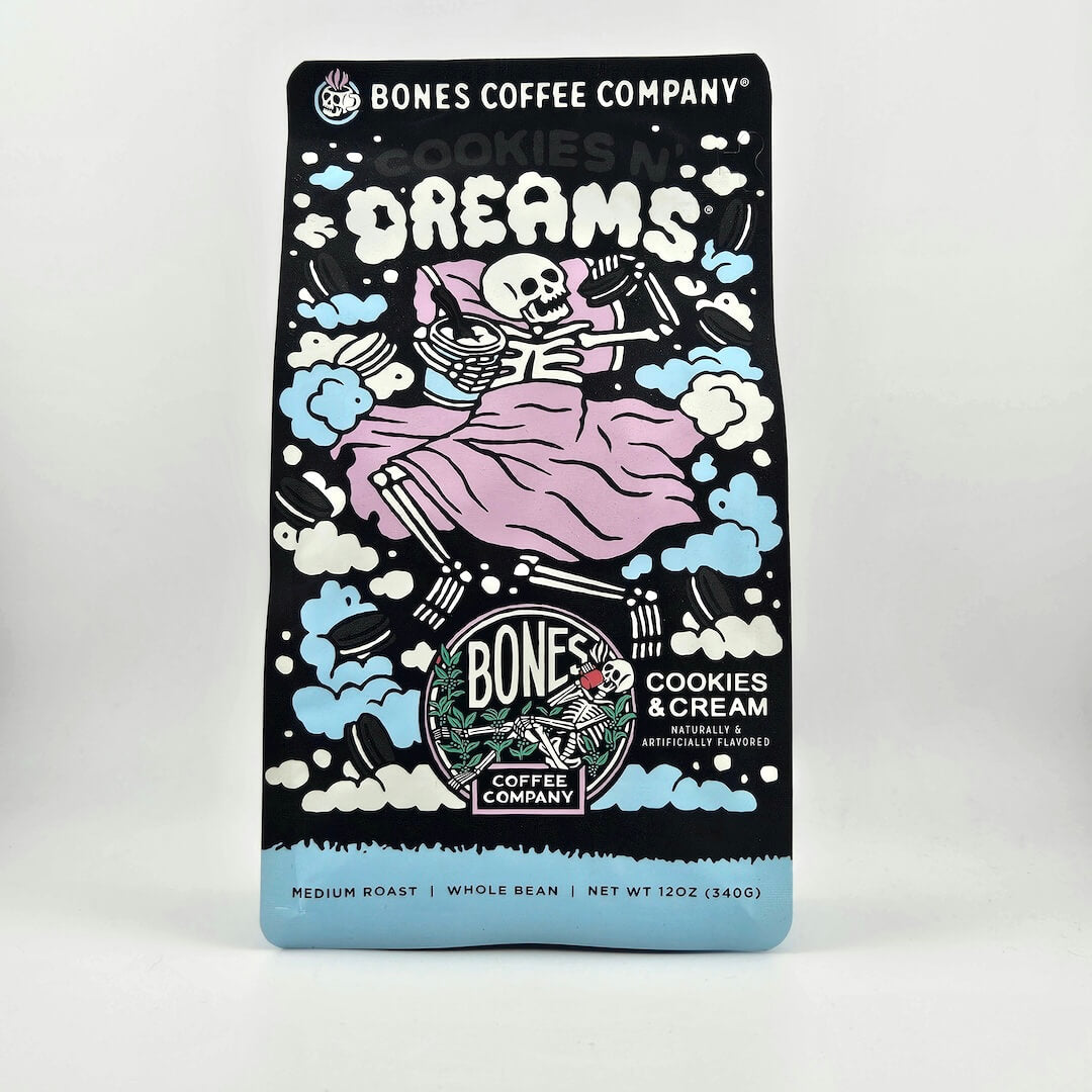 Coffee package from Bones Coffee Company with a skeleton and cloud design on a black background.