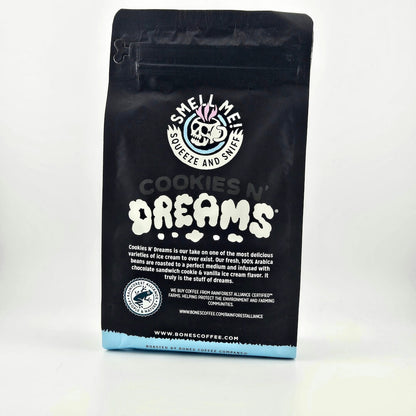 Black coffee bag with 'Cookies N' Dreams' branding on a white background