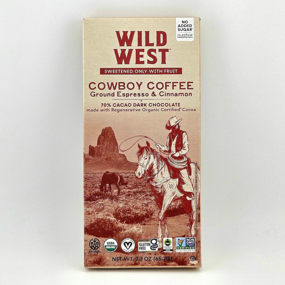 Box of Wild West Cowboy Coffee with a cowboy on a horse illustration on a beige background