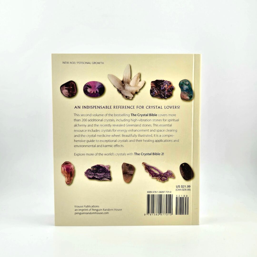 Back cover of a book on crystals with images of crystals and text.