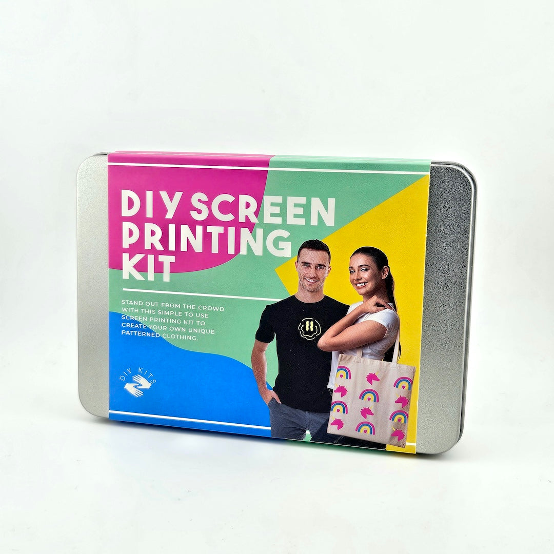 DIY screen printing kit packaging with a man and woman on the cover