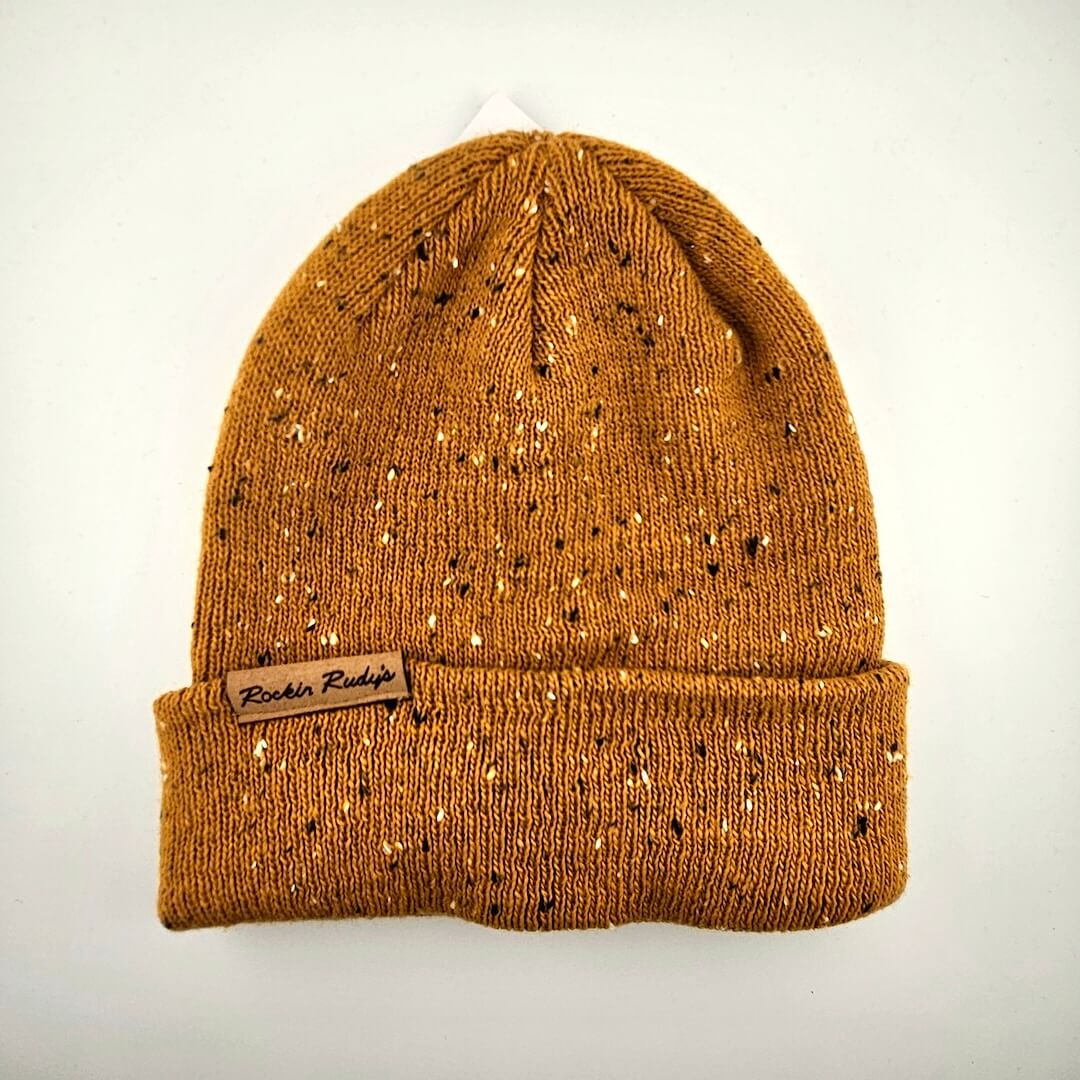 Brown knit beanie with speckled pattern and Rockin Rudy's label on a light gray background