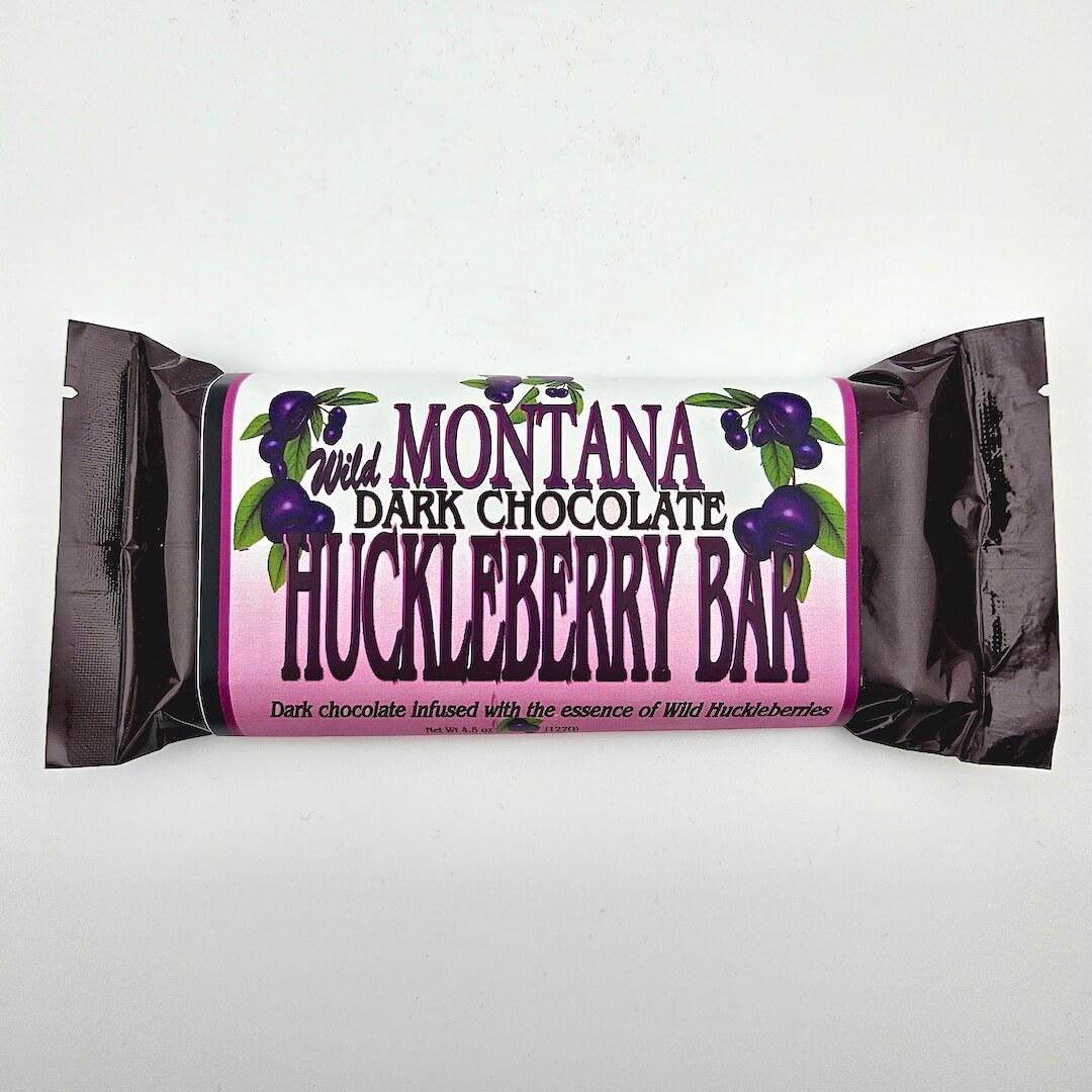 Montana Dark Chocolate Huckleberry Bar packaging on a white background