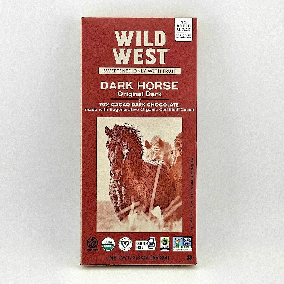 Wild West Dark Horse chocolate bar packaging on a white background