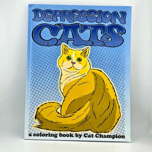 Book titled 'Depression Cats' with a cat illustration on a blue and white background