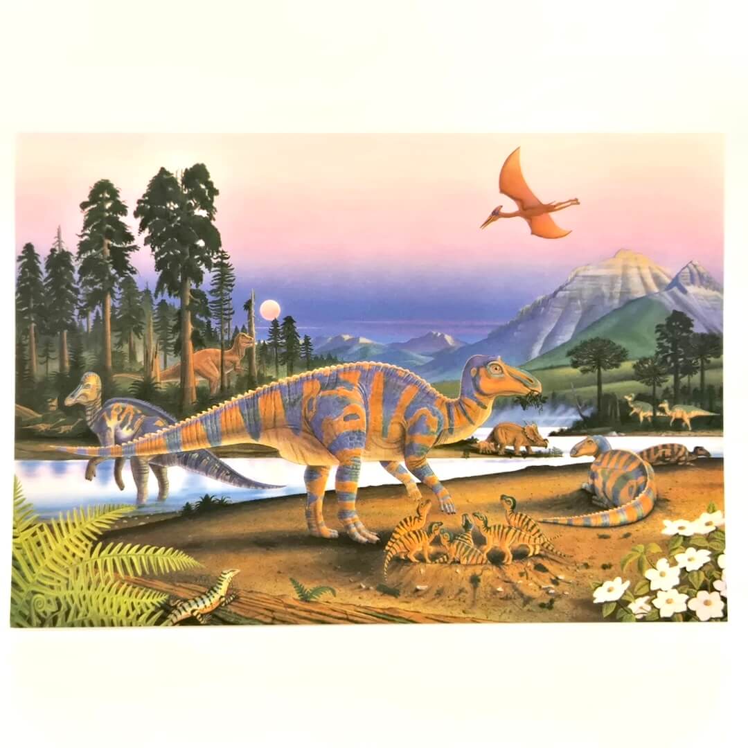 Illustration of prehistoric landscape with mountains and dinosaurs. 
