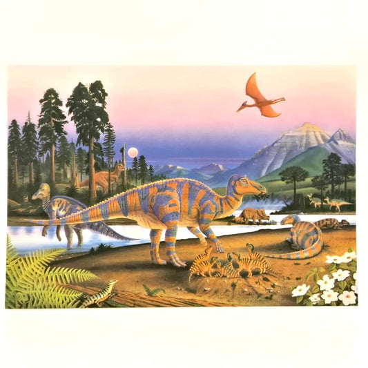 Illustration of prehistoric landscape with mountains and dinosaurs. 