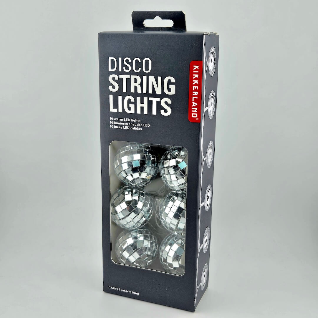 Kikkerland disco string lights packaging on a gray background