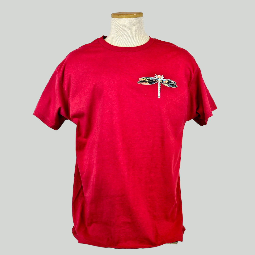 Red t-shirt with a dragonfly design on a mannequin against a white background