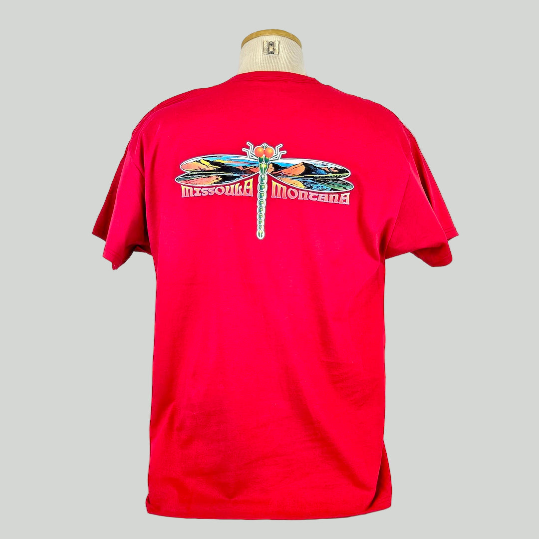 Red t-shirt with a colorful dragonfly design on a mannequin against a white background