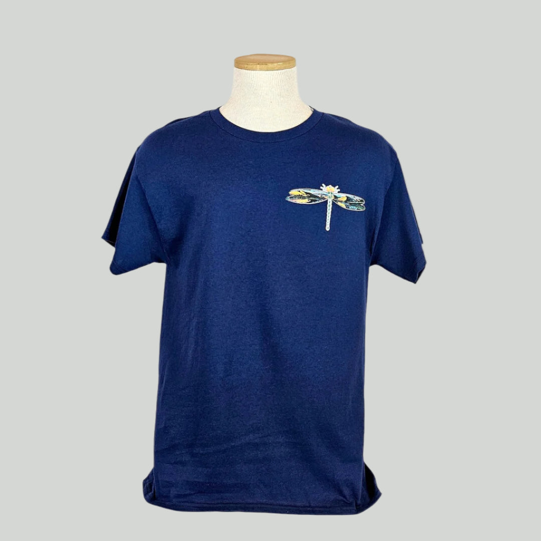 Navy blue t-shirt with a dragonfly design on a mannequin against a white background