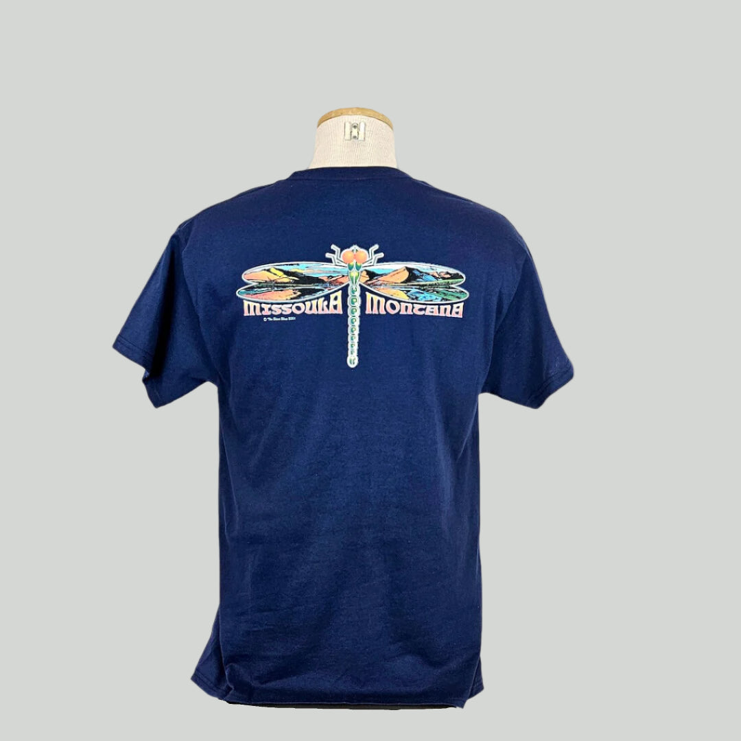 Navy blue t-shirt with a colorful dragonfly design and 'Missoula' text on a white background