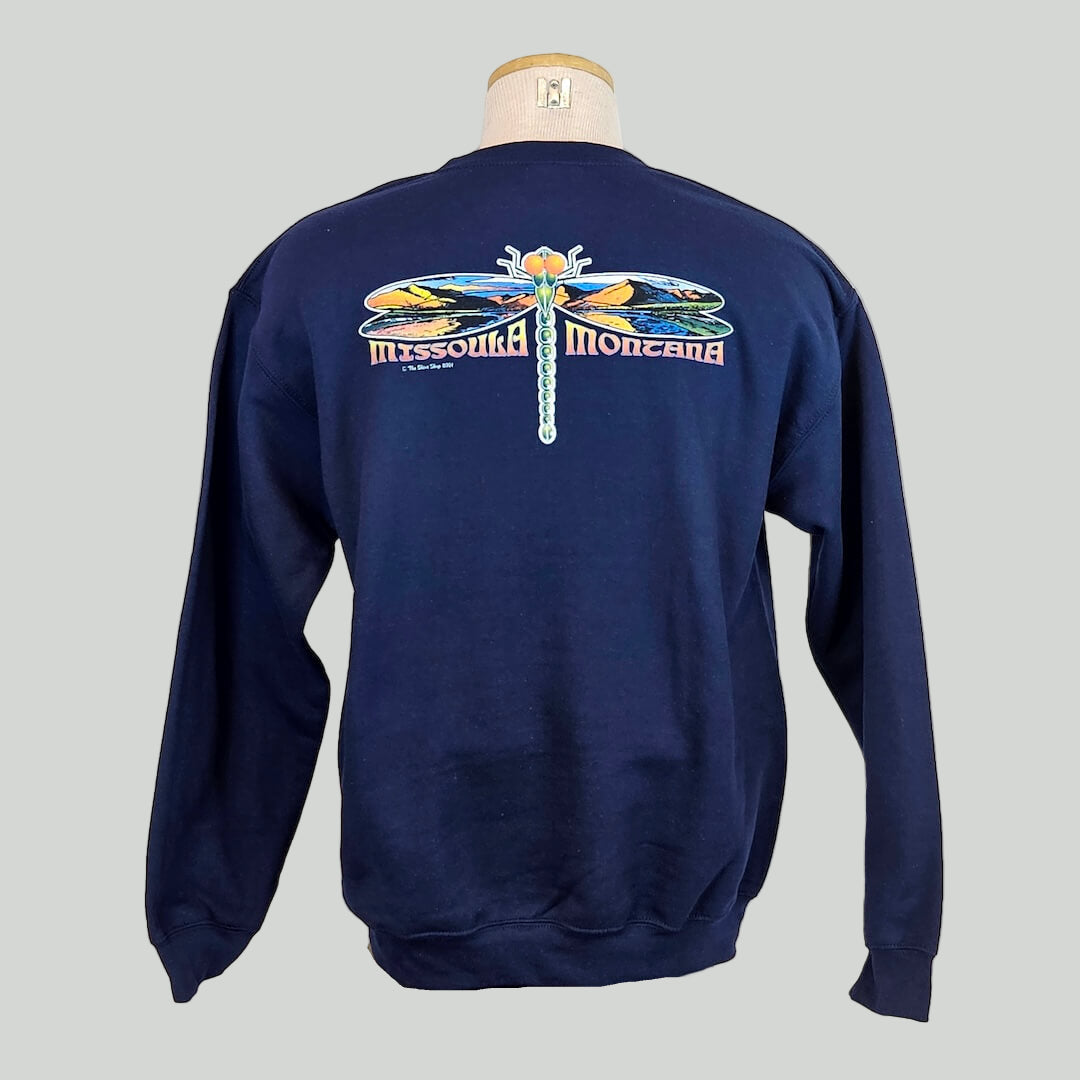 Navy blue sweatshirt with dragonfly design and text on a gray background