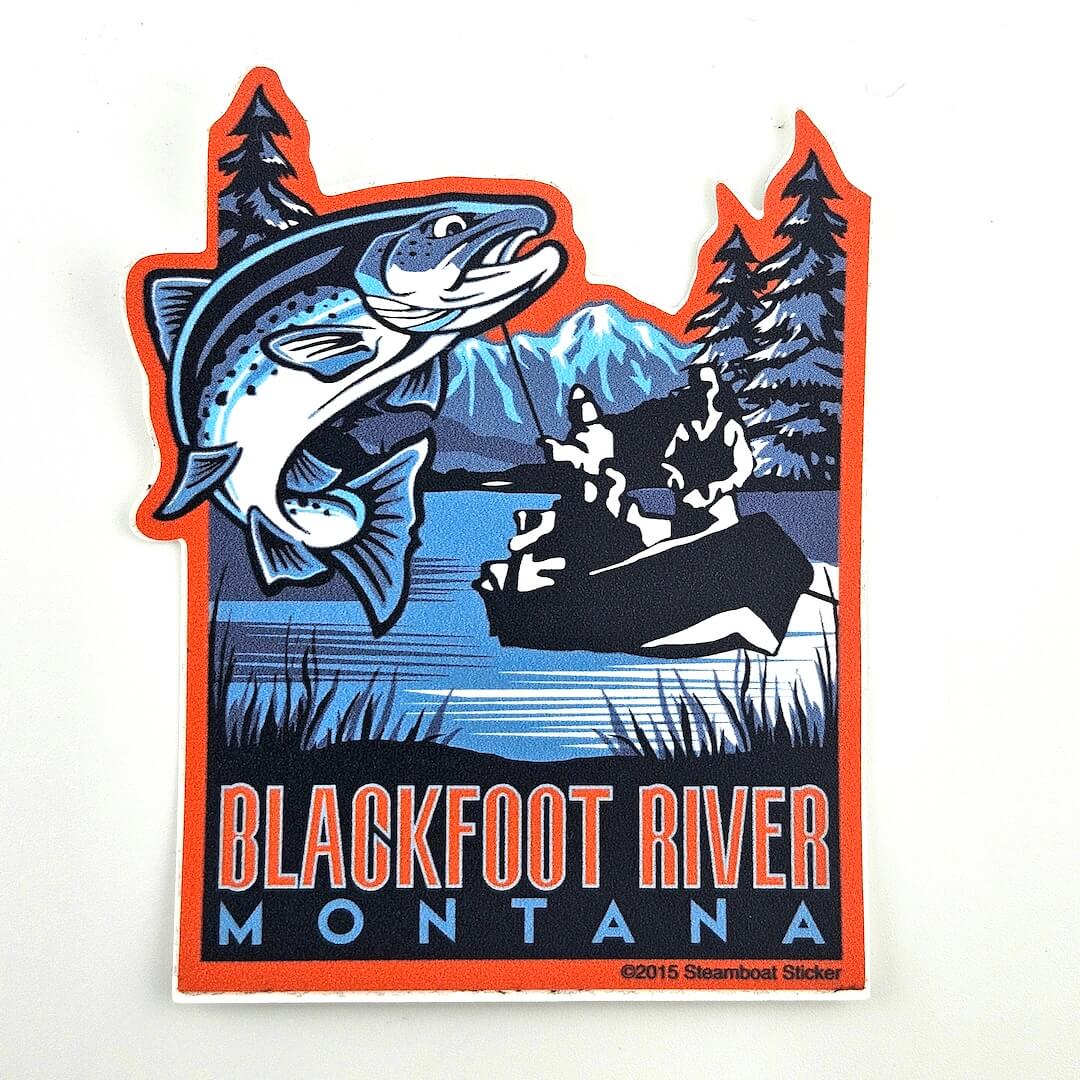 Sticker of a fish jumping out of water with mountains and trees, featuring 'Blackfoot River Montana'.