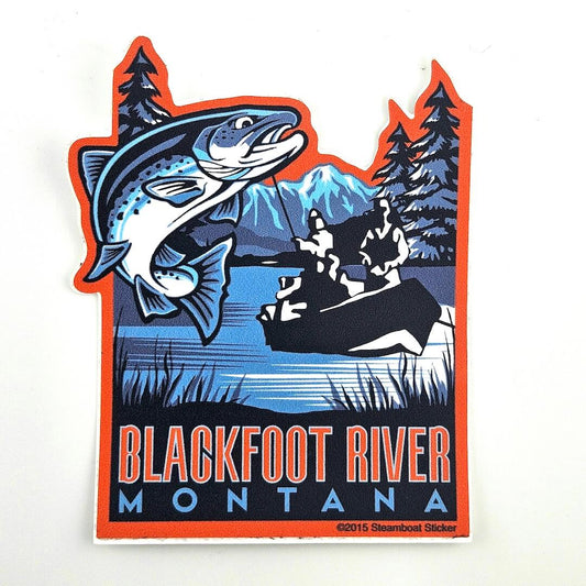 Sticker of a fish jumping out of water with mountains and trees, featuring 'Blackfoot River Montana'.