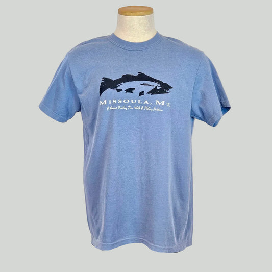 Blue t-shirt with 'Missoula, MT' and fish design on a mannequin against a white background