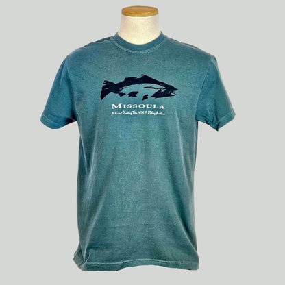 Blue-green t-shirt with fish graphic and 'Missoula' text on a mannequin against a white background
