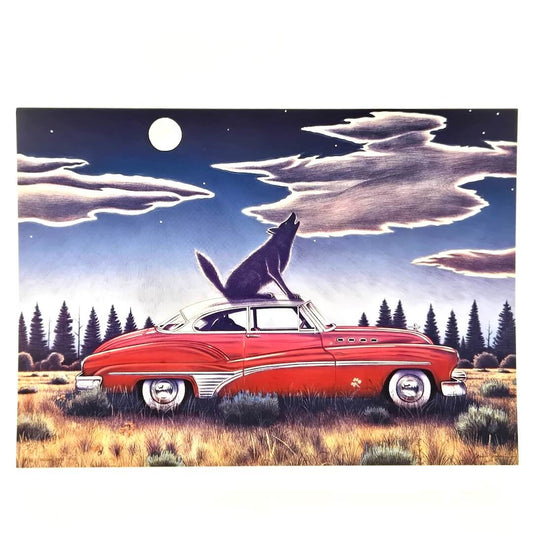 Illustration of dog sitting on top of classic car with sky in background. 
