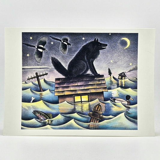 Illustration of dog sitting on floating house with various graphics around it. 