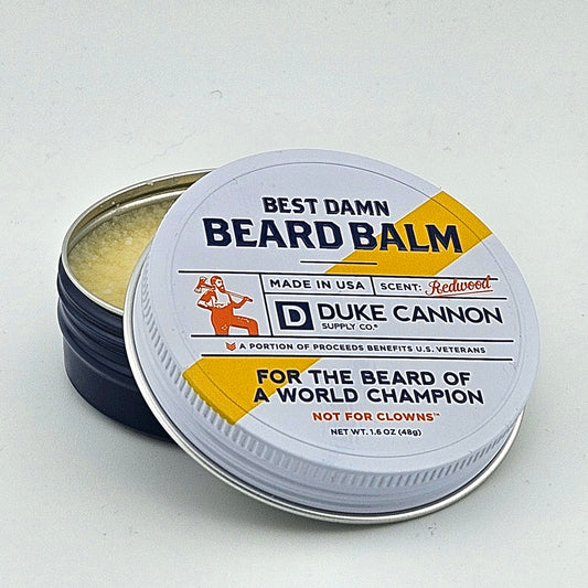 Duke Cannon beard balm container on a white background