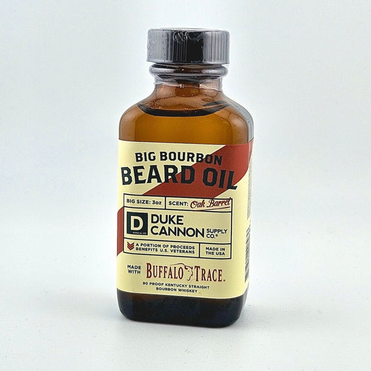 Bottle of Big Bourbon Beard Oil by Duke Cannon on a white background