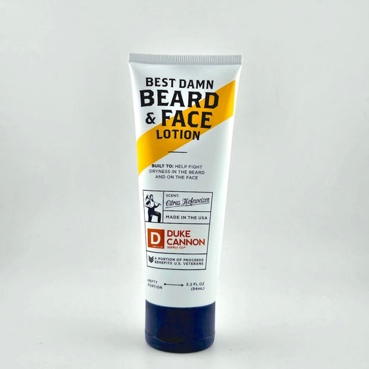 Tube of Duke Cannon beard and face lotion on a white background