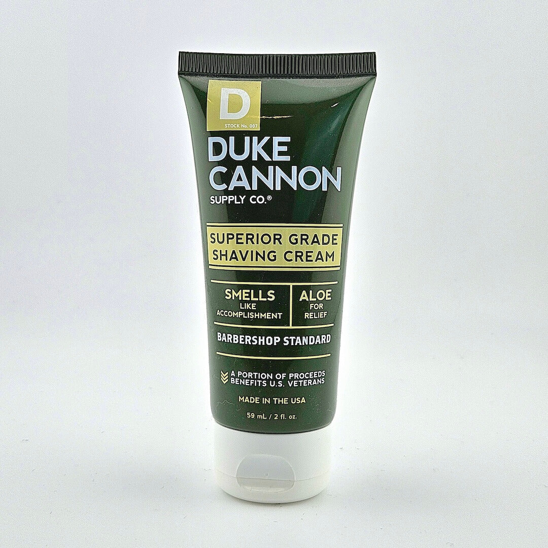 Tube of Duke Cannon Superior Grade Shaving Cream on a white background