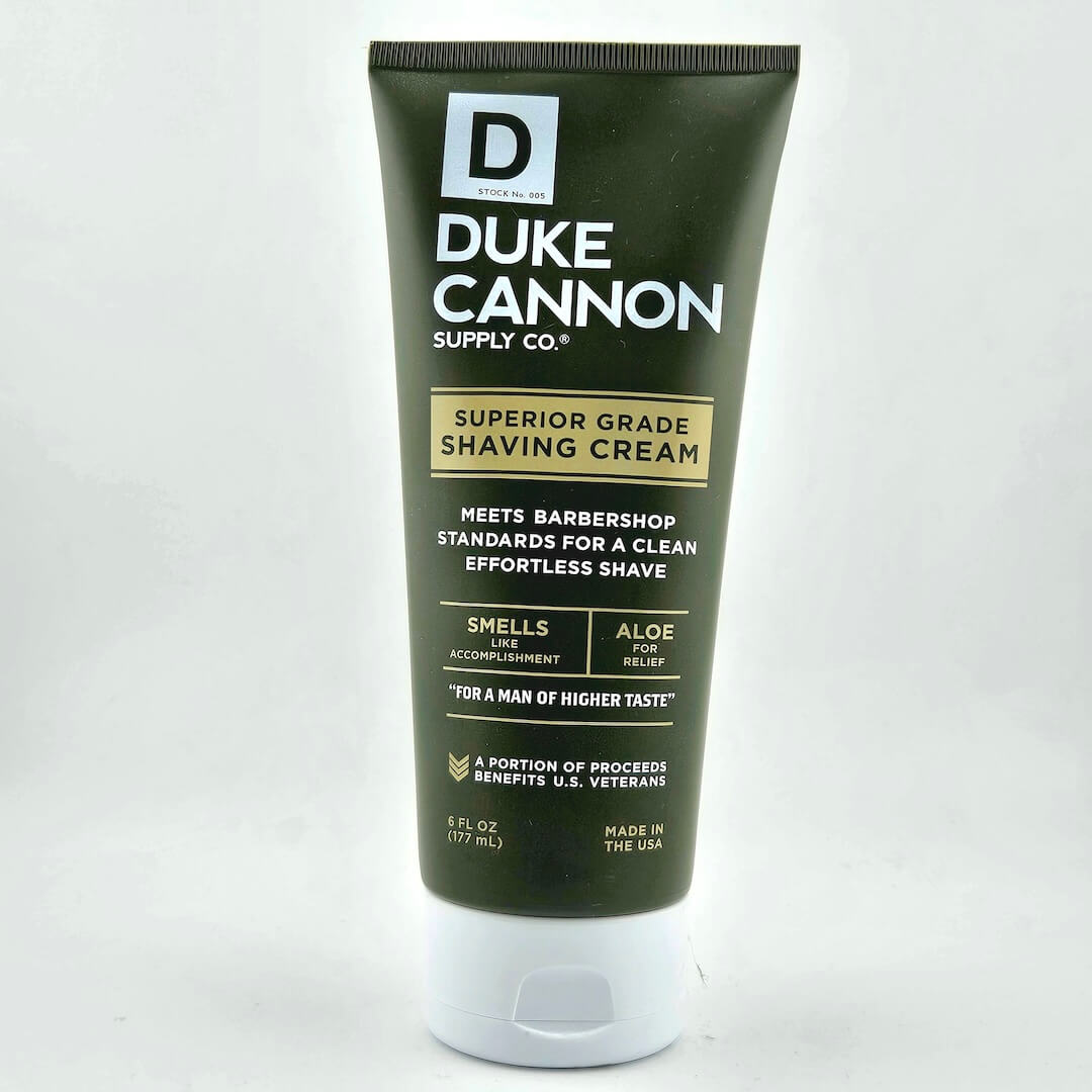 Duke Cannon shaving cream tube on a white background