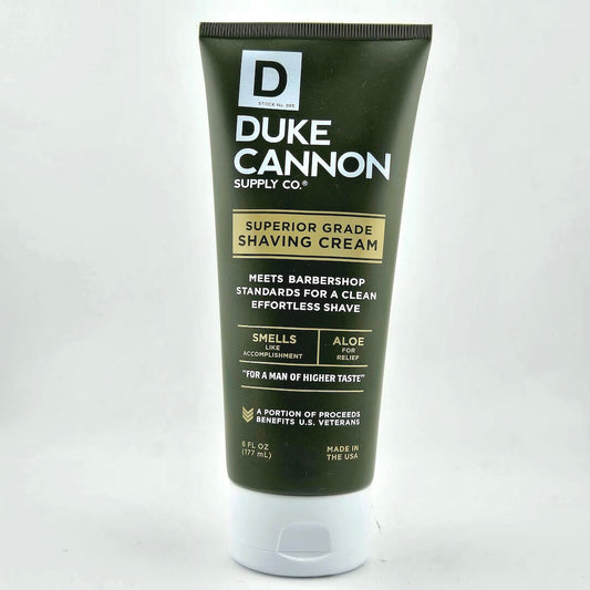 Duke Cannon shaving cream tube on a white background