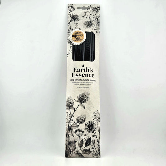 Earth's Essence incense packaging with botanical design on a white background