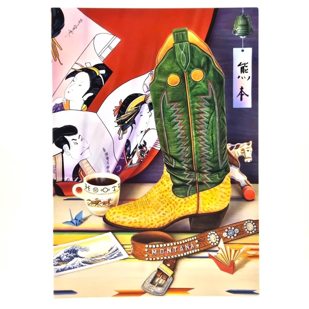 Colorful boot with decorative elements on a background featuring traditional Japanese art and objects.